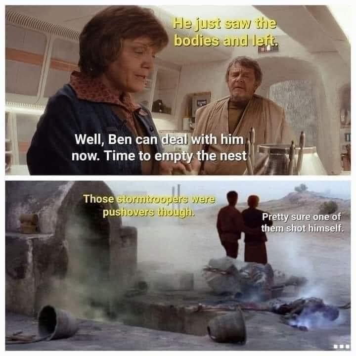 The meme is a play on a famous Star Wars line, "I find your lack of faith disturbing," spoken by Darth Vader. In this meme, the line is modified to "I find your lack of humor disturbing" and is attributed to a character saying it to a dead body in the Star Wars film "Return of the Jedi". The dead body is a Stormtrooper, and the character is saying the line to a Stormtrooper who was killed by a Rebel soldier, but the line is meant to be humorous and ironic.
